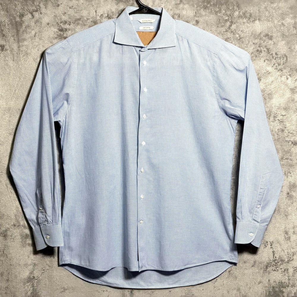 Suitsupply Dress Shirt Mens 17 Blue Gingham Spread Collar Linen Cotton Poland
